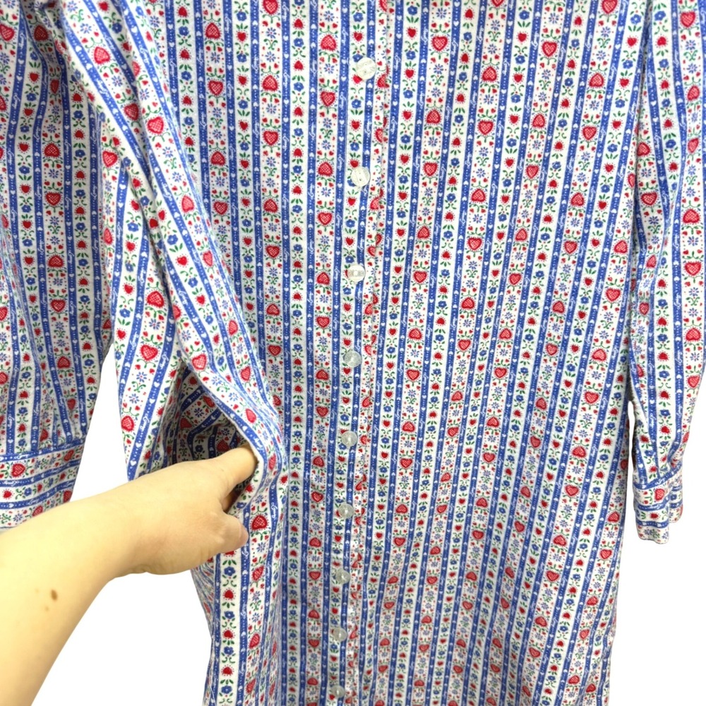 Lanz of Salzburg Nightgown‎ Size S Blue Red Heart Stripe Flannel Cotton Grandma - Picture 3 of 8